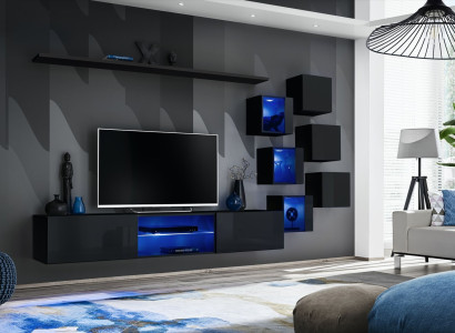 Schwarz Komplett Set Wohnwand Luxus Holzmöbel Designer Modern Wandschrank